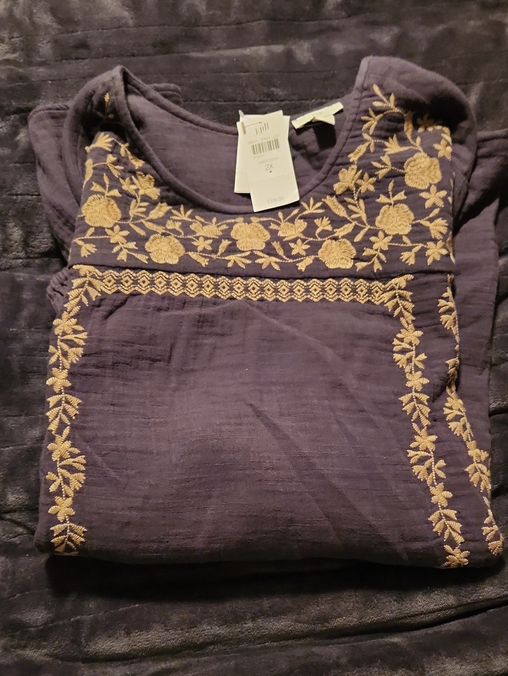 J. Jill Navy Blue Tunic with Gold Floral Embroidery